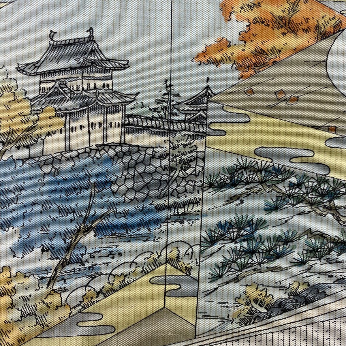 【美品】 袋帶 秀品級 屏風 城風景 灰白 全通 純蠶絲