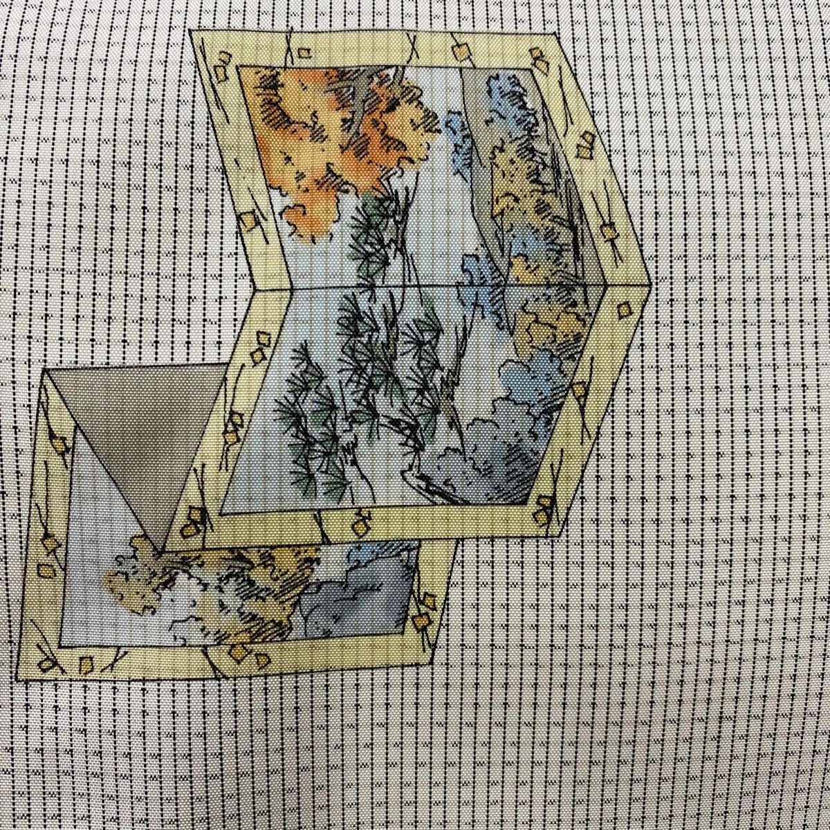 【美品】 袋帶 秀品級 屏風 城風景 灰白 全通 純蠶絲