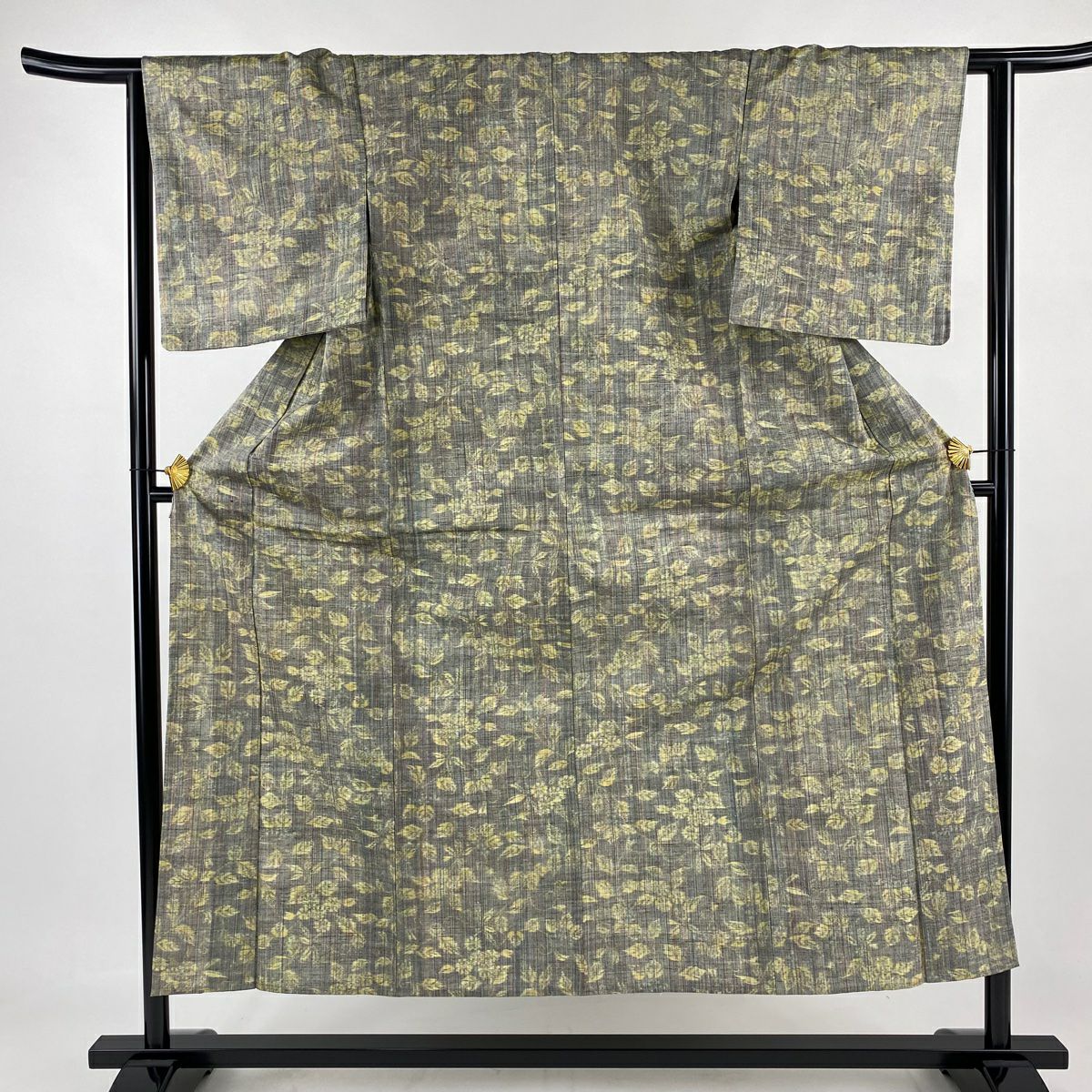 紬織 身長151.5cm 袖長62.5cm S 單層 草花紋紋 縱條 灰 純蠶絲 優品級