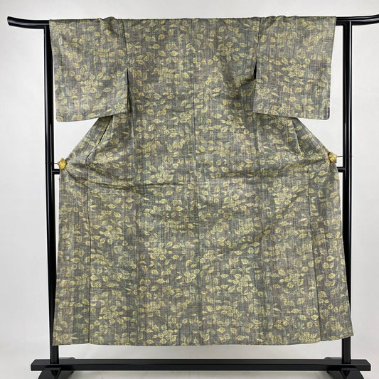 紬織 身長151.5cm 袖長62.5cm S 單層 草花紋紋 縱條 灰 純蠶絲 優品級