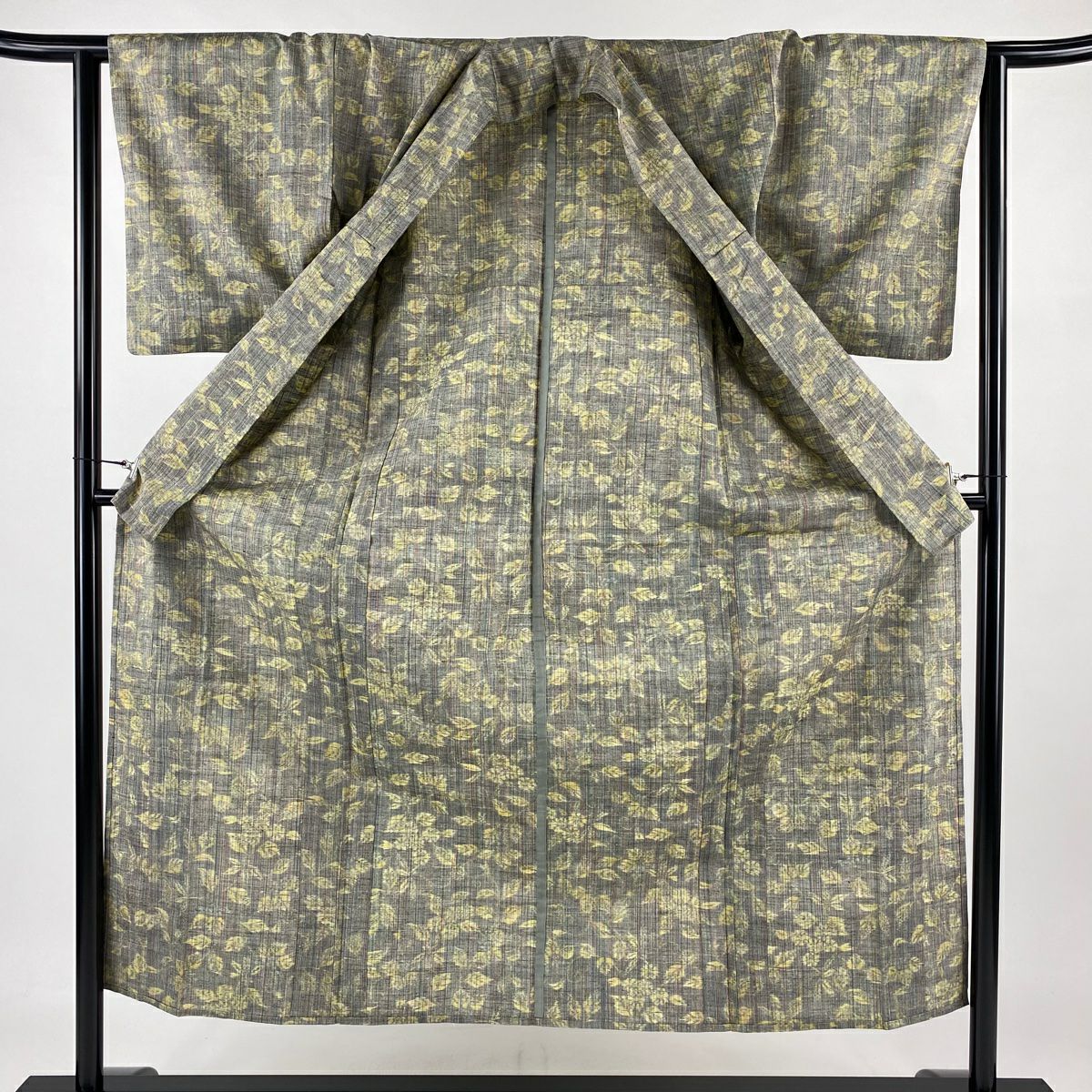 紬織 身長151.5cm 袖長62.5cm S 單層 草花紋紋 縱條 灰 純蠶絲 優品級
