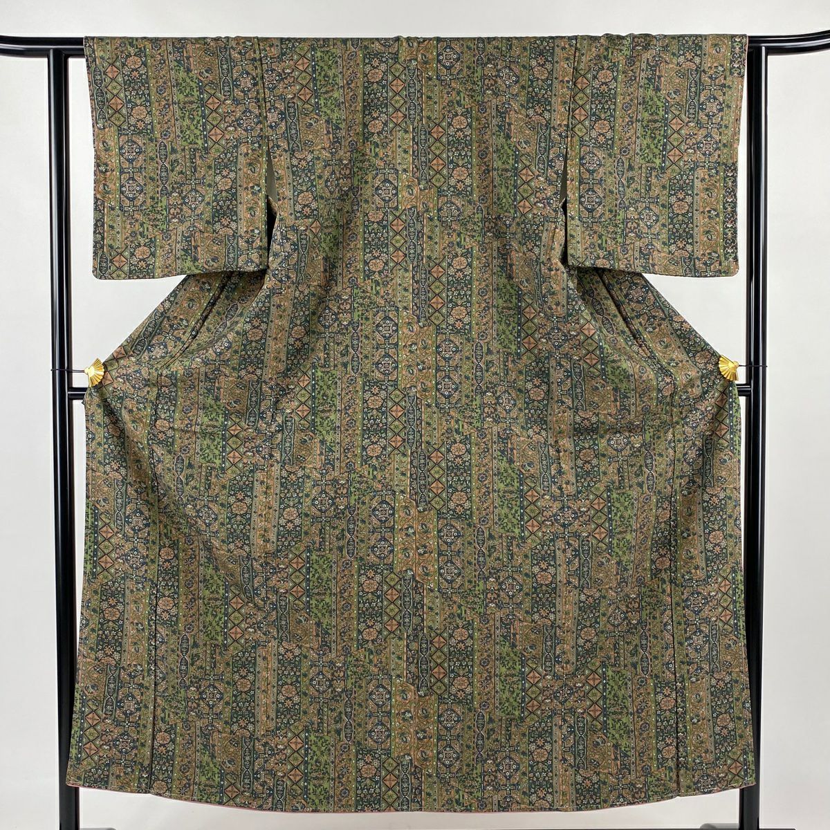【美品】 小紋 身長152cm 袖長61.5cm S 雙層 草花紋紋 華紋 綠 純蠶絲 優品級