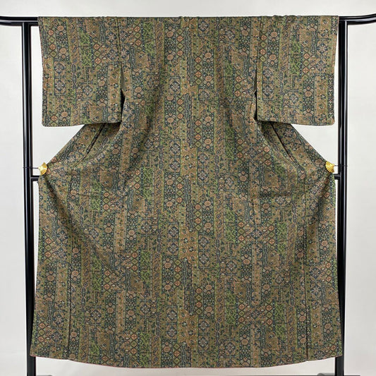 【美品】 小紋 身長152cm 袖長61.5cm S 雙層 草花紋紋 華紋 綠 純蠶絲 優品級