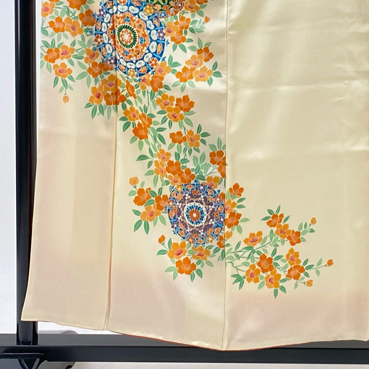付下 身長157.5cm 袖長63.5cm S 雙層 華紋 草花紋紋 淺橙 純蠶絲 優品級
