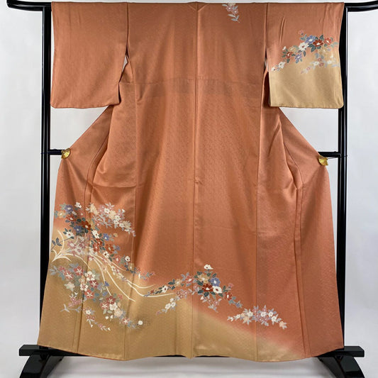 訪問服 身長159cm 袖長64cm M 雙層 草花紋紋 地紋 金銀彩 染分 鮭粉色 純蠶絲 優品級
