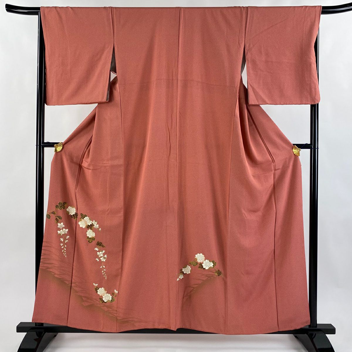 付下 身長158cm 袖長66.5cm M 雙層 菊花 草花紋紋 金彩裝飾 粉紅 純蠶絲 優品級