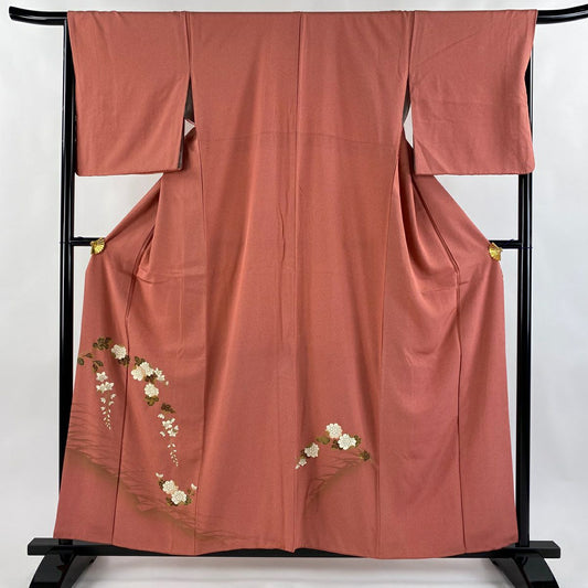 付下 身長158cm 袖長66.5cm M 雙層 菊花 草花紋紋 金彩裝飾 粉紅 純蠶絲 優品級