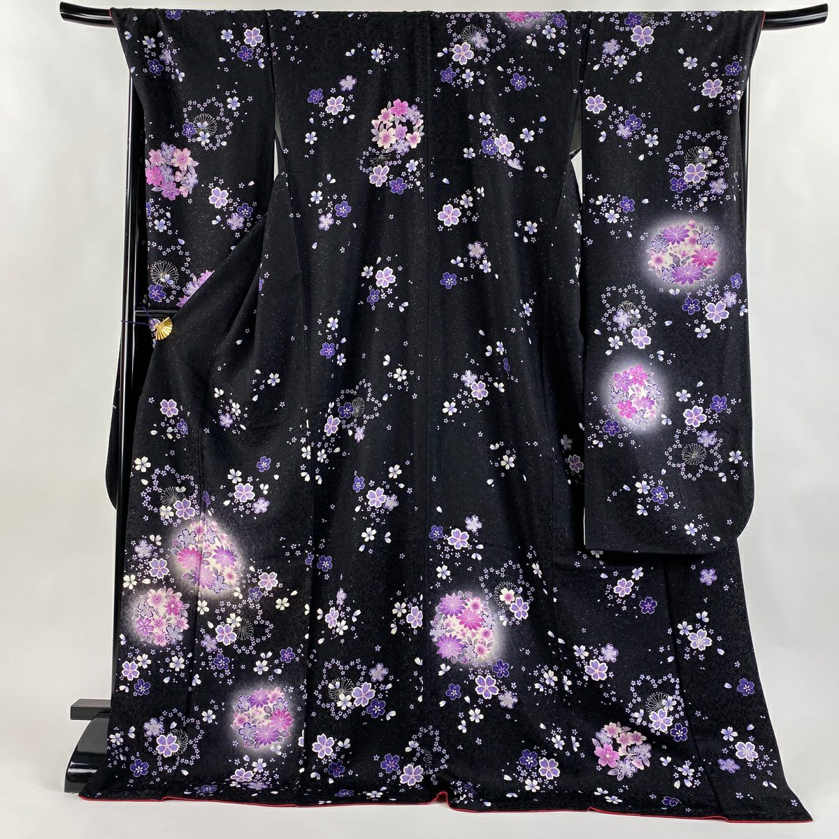振袖禮服 身長178cm 袖長72.5cm L 雙層 花丸紋 櫻花 銀通し 金銀彩 黑 純蠶絲 逸品級