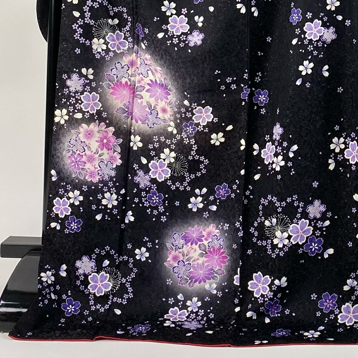 振袖禮服 身長178cm 袖長72.5cm L 雙層 花丸紋 櫻花 銀通し 金銀彩 黑 純蠶絲 逸品級
