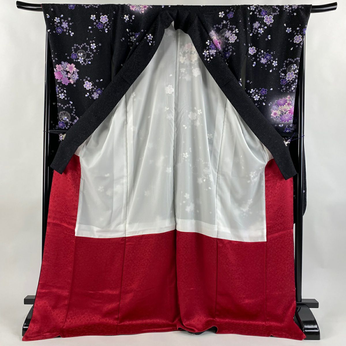 振袖禮服 身長178cm 袖長72.5cm L 雙層 花丸紋 櫻花 銀通し 金銀彩 黑 純蠶絲 逸品級