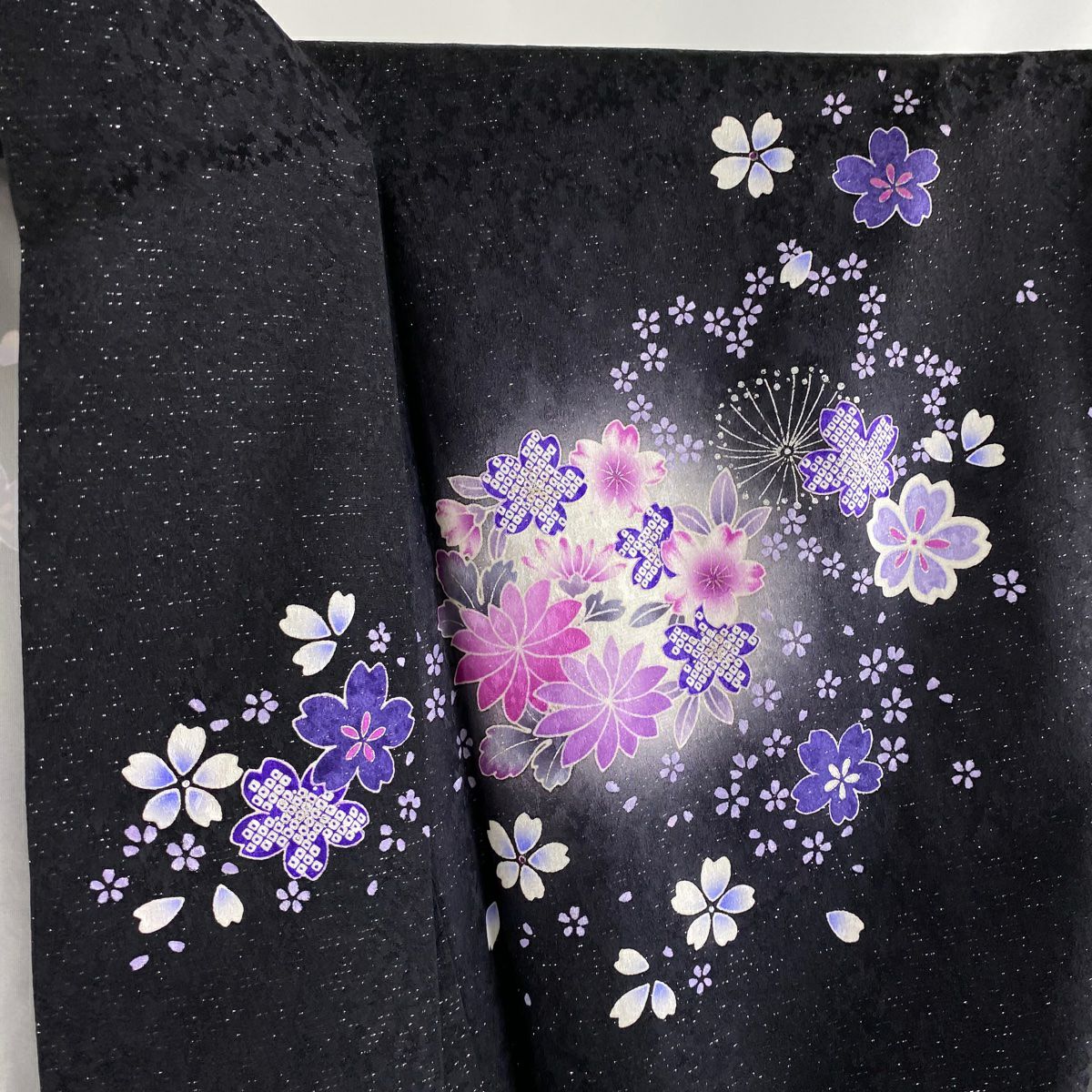 振袖禮服 身長178cm 袖長72.5cm L 雙層 花丸紋 櫻花 銀通し 金銀彩 黑 純蠶絲 逸品級
