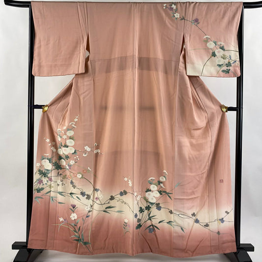 【庫存清倉】訪問服 身長160cm 袖長65cm M 雙層 附款識 菊花花 枝梅花 漸層 淡粉色 純蠶絲 名品級