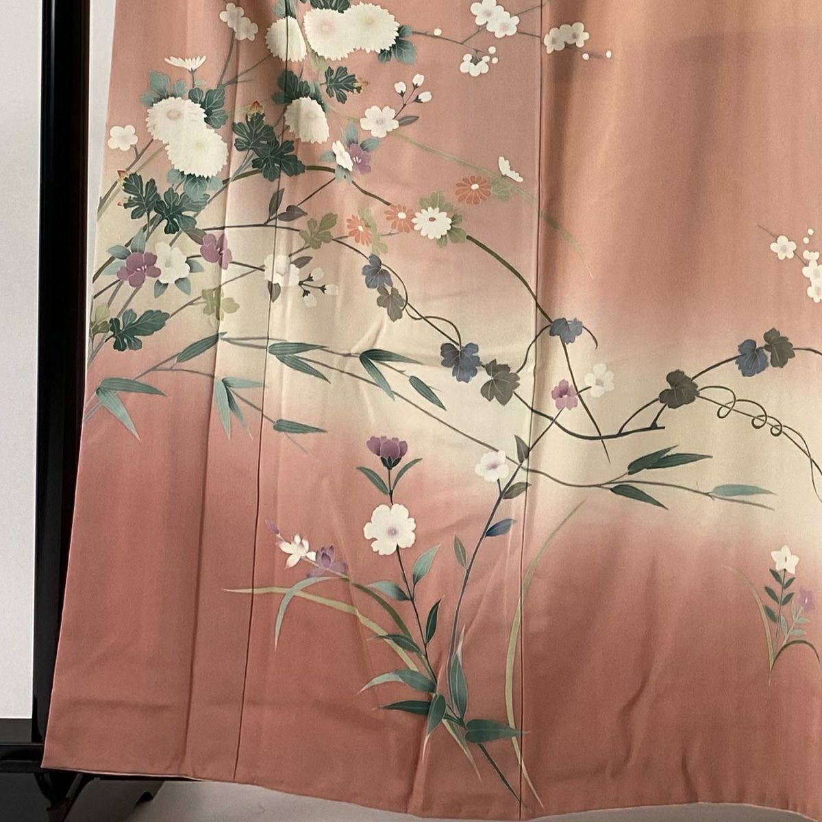 【庫存清倉】訪問服 身長160cm 袖長65cm M 雙層 附款識 菊花花 枝梅花 漸層 淡粉色 純蠶絲 名品級