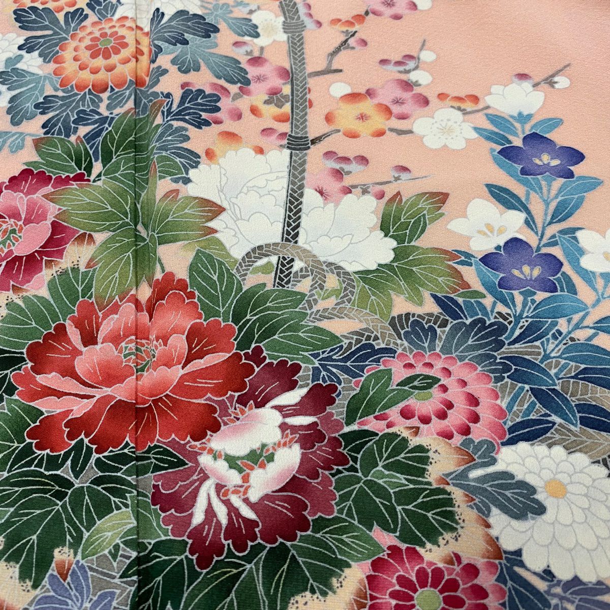 【庫存清倉】 【美品】 訪問服 身長161.5cm 袖長62cm S 雙層 落款 花籠 草花紋紋 漸層 淺粉色 純蠶絲 名品級