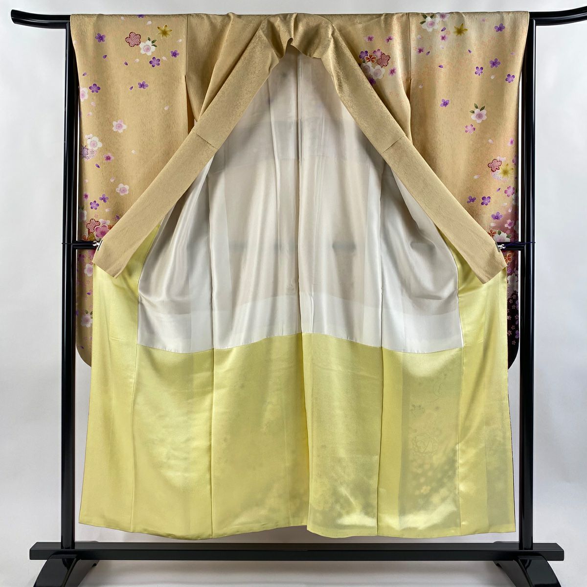 振袖禮服 身長154cm 袖長65cm M 雙層櫻花手毬銀通金絲米色純蠶絲逸品級