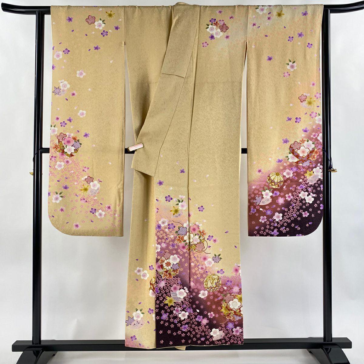 振袖禮服 身長154cm 袖長65cm M 雙層櫻花手毬銀通金絲米色純蠶絲逸品級