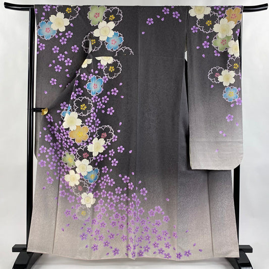 【美品】振袖禮服 身長164cm 袖長65cm M 雙層 櫻花花瓣 銀通 金絲 灰色 純蠶絲 逸品級