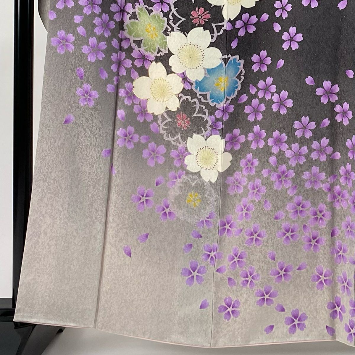 【美品】振袖禮服 身長164cm 袖長65cm M 雙層 櫻花花瓣 銀通 金絲 灰色 純蠶絲 逸品級