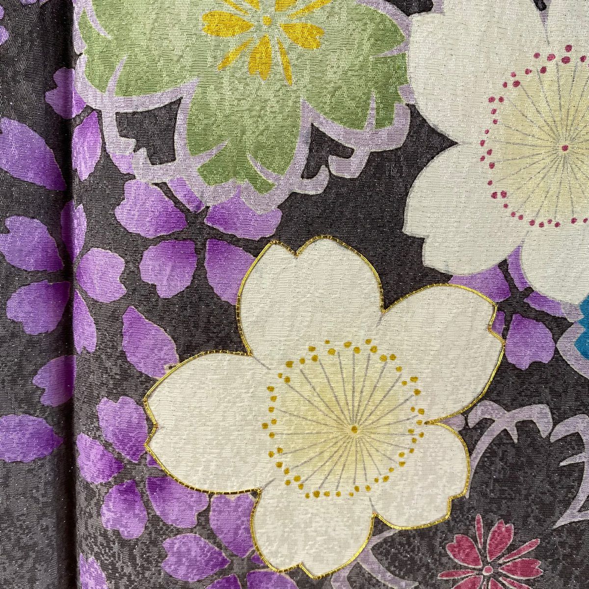 【美品】振袖禮服 身長164cm 袖長65cm M 雙層 櫻花花瓣 銀通 金絲 灰色 純蠶絲 逸品級