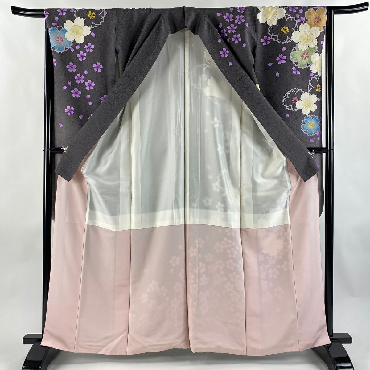 【美品】振袖禮服 身長164cm 袖長65cm M 雙層 櫻花花瓣 銀通 金絲 灰色 純蠶絲 逸品級