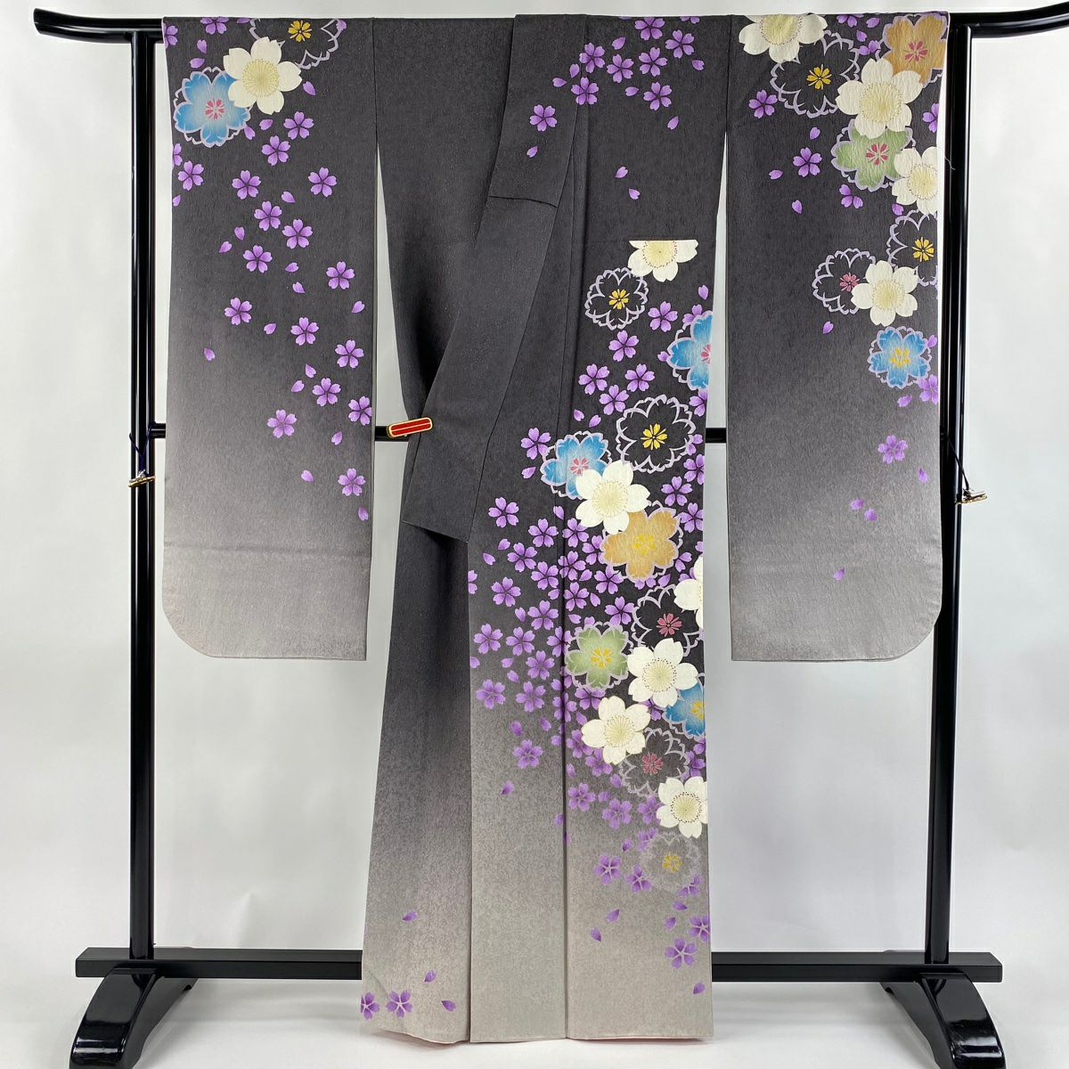 【美品】振袖禮服 身長164cm 袖長65cm M 雙層 櫻花花瓣 銀通 金絲 灰色 純蠶絲 逸品級