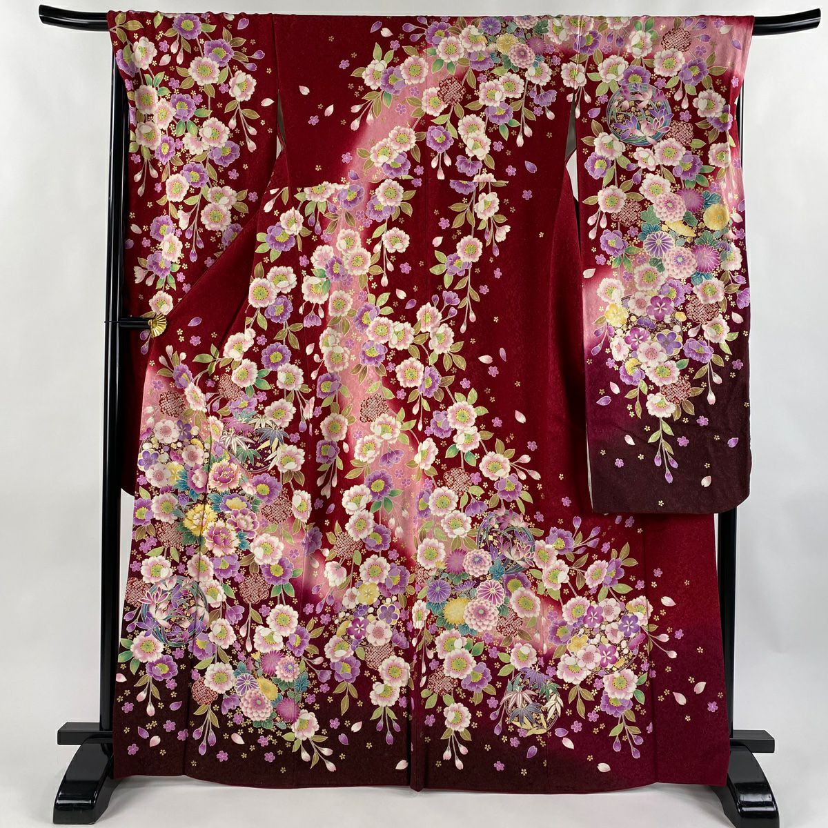 【美品】振袖禮服 身長167cm 袖長69cm L 雙層 花丸紋 垂枝櫻 金通 金絲 紅 純蠶絲 逸品級