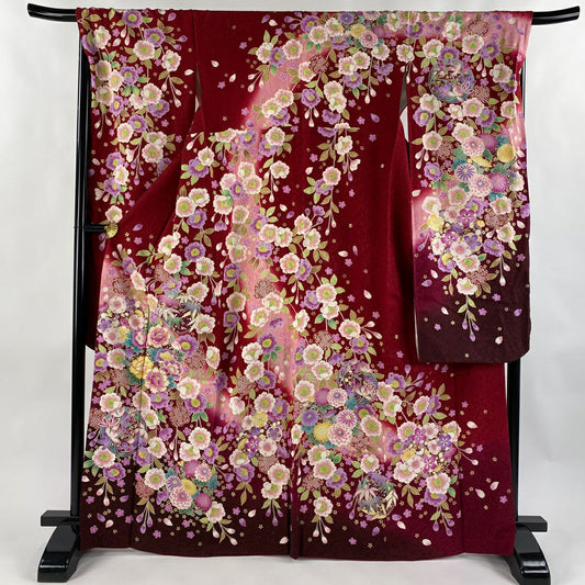 【美品】振袖禮服 身長167cm 袖長69cm L 雙層 花丸紋 垂枝櫻 金通 金絲 紅 純蠶絲 逸品級