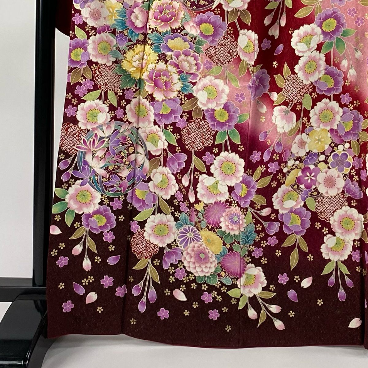 【美品】振袖禮服 身長167cm 袖長69cm L 雙層 花丸紋 垂枝櫻 金通 金絲 紅 純蠶絲 逸品級