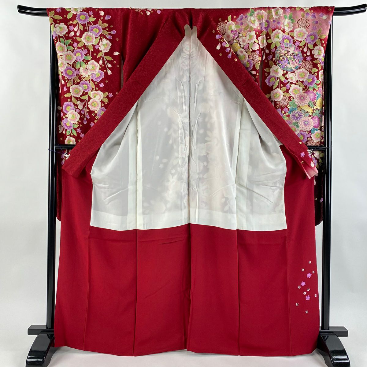 【美品】振袖禮服 身長167cm 袖長69cm L 雙層 花丸紋 垂枝櫻 金通 金絲 紅 純蠶絲 逸品級