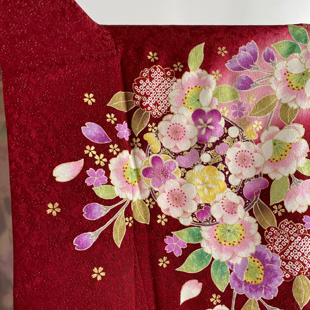 【美品】振袖禮服 身長167cm 袖長69cm L 雙層 花丸紋 垂枝櫻 金通 金絲 紅 純蠶絲 逸品級