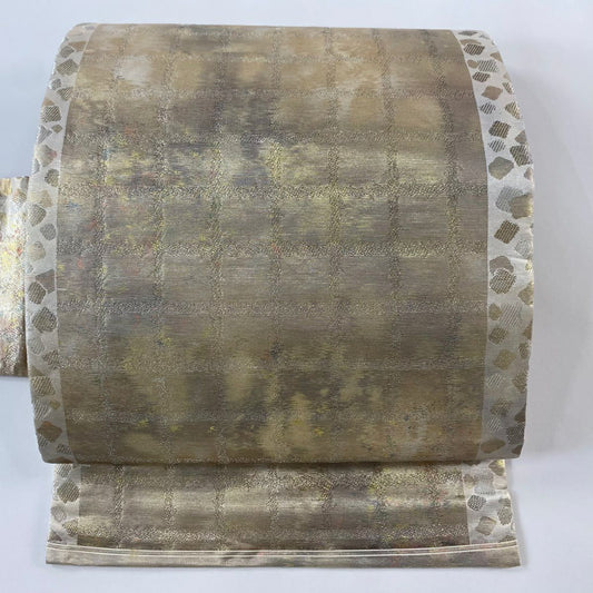 名古屋帶 優品級 格子 金金箔散佈 金絲 金色 純蠶絲