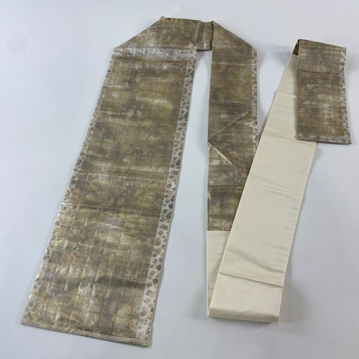 名古屋帶 優品級 格子 金金箔散佈 金絲 金色 純蠶絲