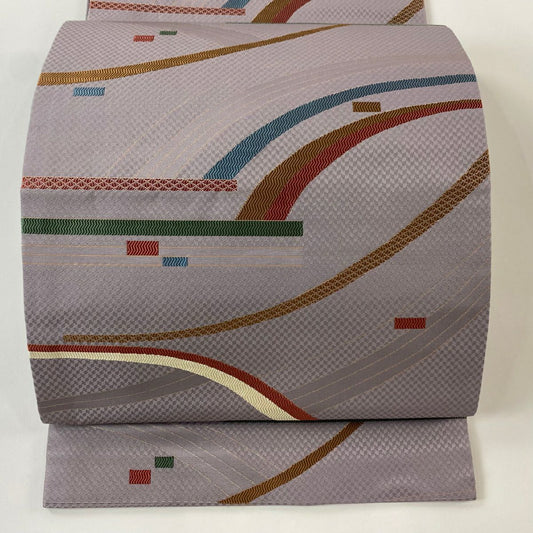 開口名古屋帶 優品級 幾何圖案 金金箔 刺繡 灰紫 純蠶絲