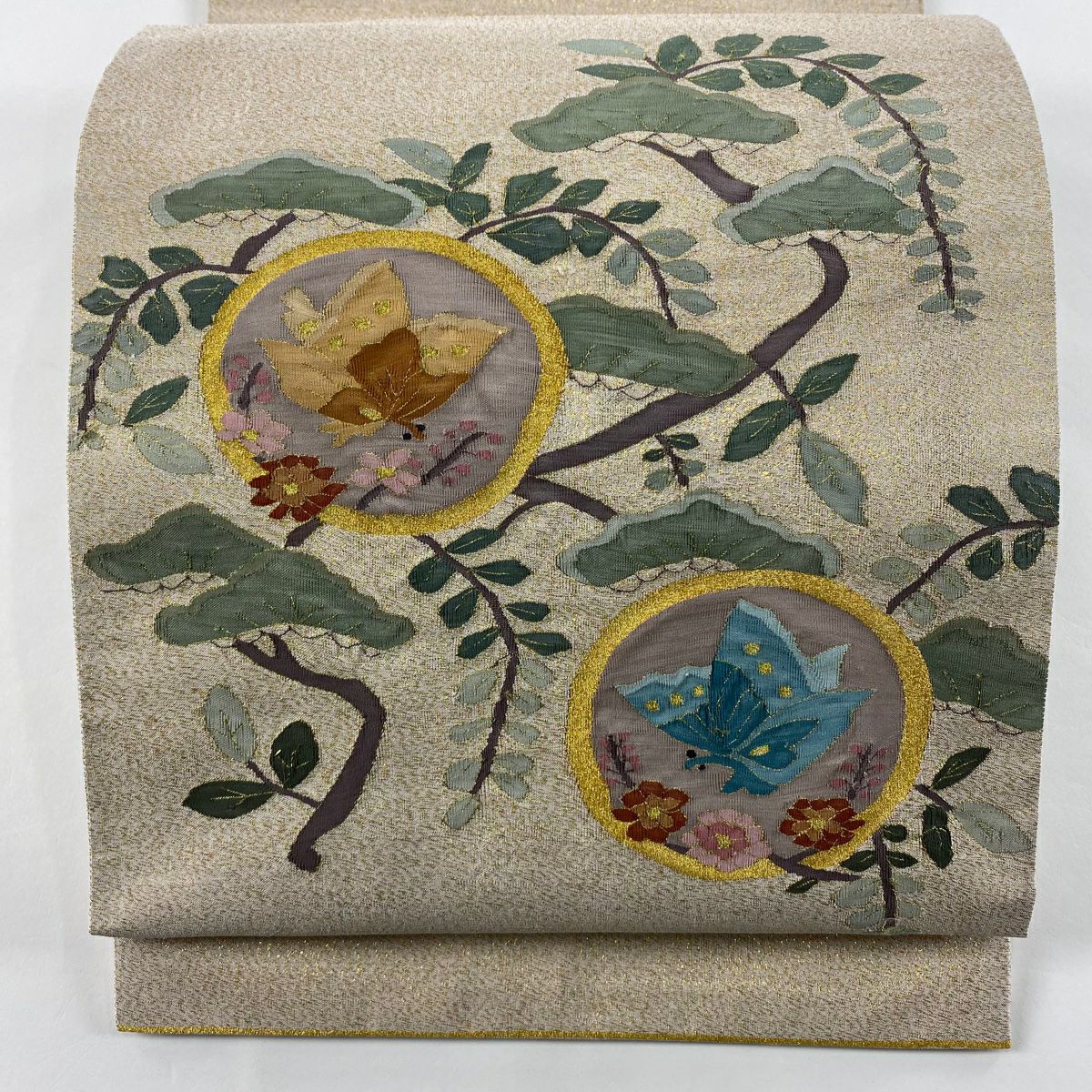 【美品】 袋帶 逸品級 蝶 松樹 金糸 金金箔 薄茶 純蠶絲
