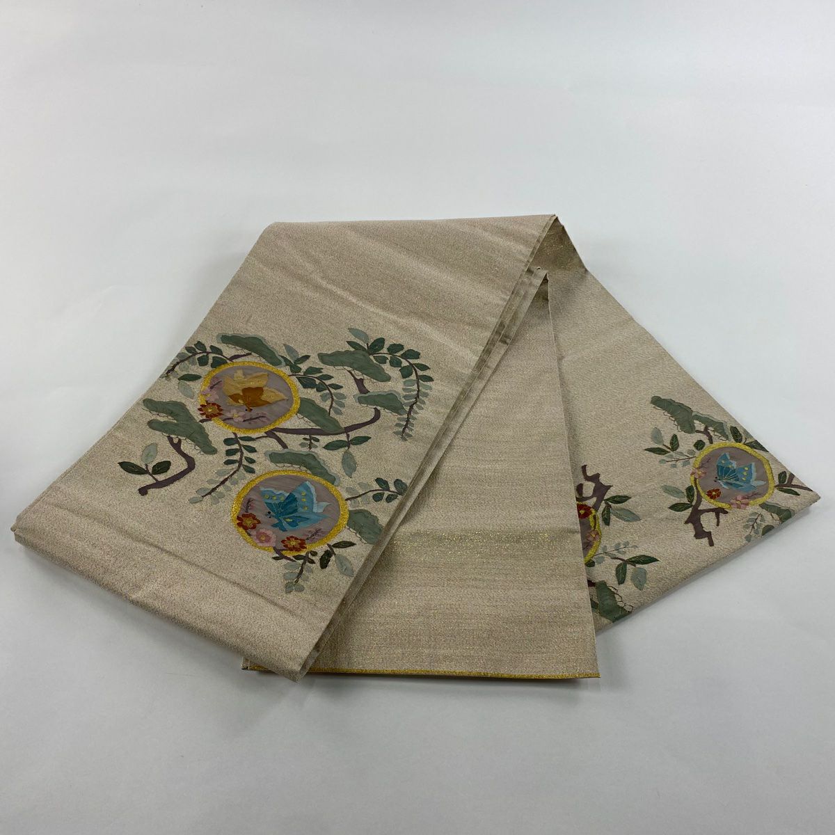 【美品】 袋帶 逸品級 蝶 松樹 金糸 金金箔 薄茶 純蠶絲