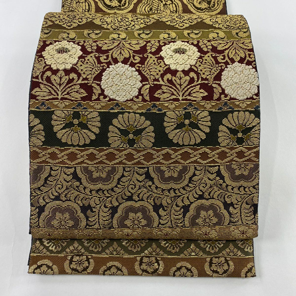 【美品】 袋帶 逸品級 落款 草花紋 蝶 金絲 茶綠 全通 純蠶絲