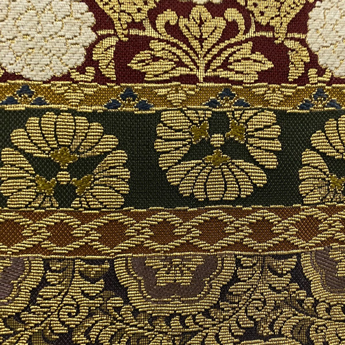 【美品】 袋帶 逸品級 落款 草花紋 蝶 金絲 茶綠 全通 純蠶絲