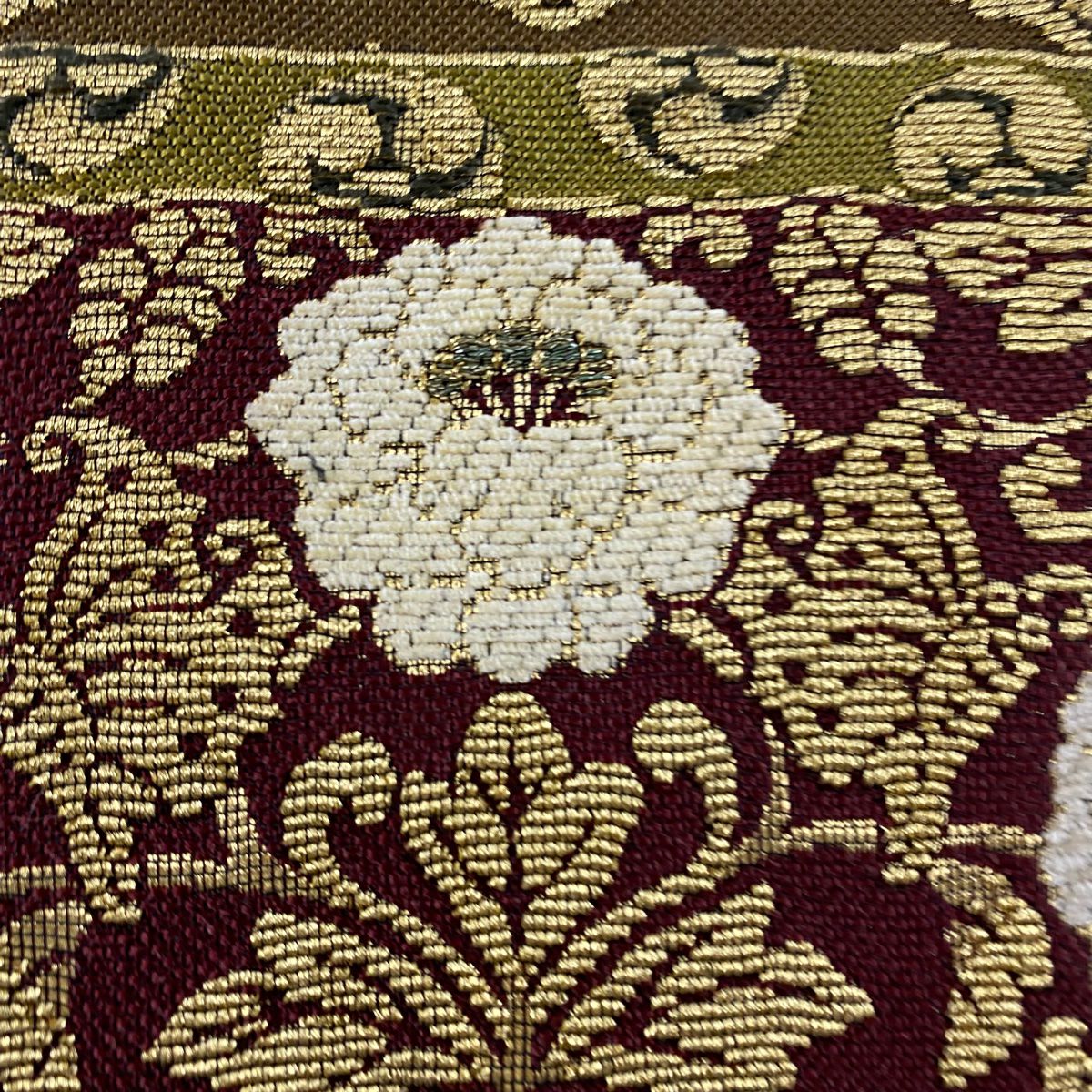 【美品】 袋帶 逸品級 落款 草花紋 蝶 金絲 茶綠 全通 純蠶絲