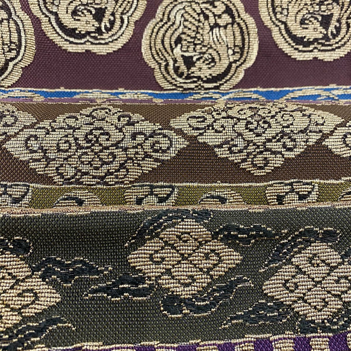 【美品】 袋帶 逸品級 落款 草花紋 蝶 金絲 茶綠 全通 純蠶絲
