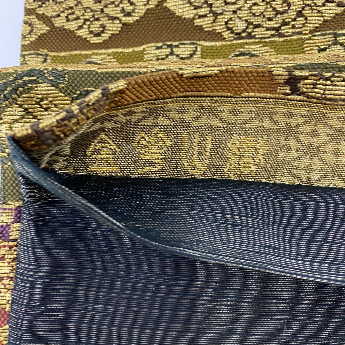 【美品】 袋帶 逸品級 落款 草花紋 蝶 金絲 茶綠 全通 純蠶絲