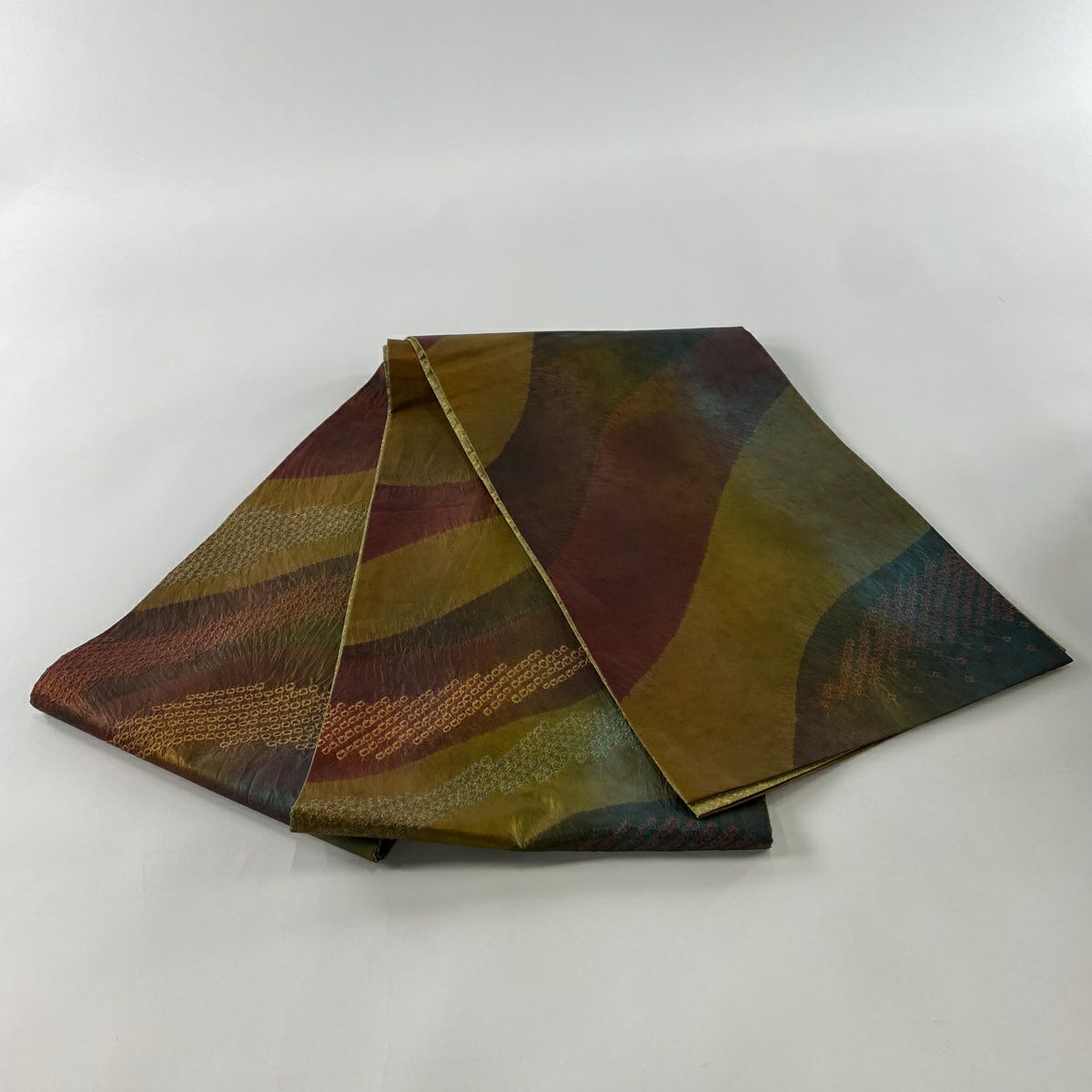 【庫存清倉】 【美品】 袋帶 名品級 紬織織 幾何圖案 金彩裝飾 絞染 紅茶 お太鼓圖案 純蠶絲