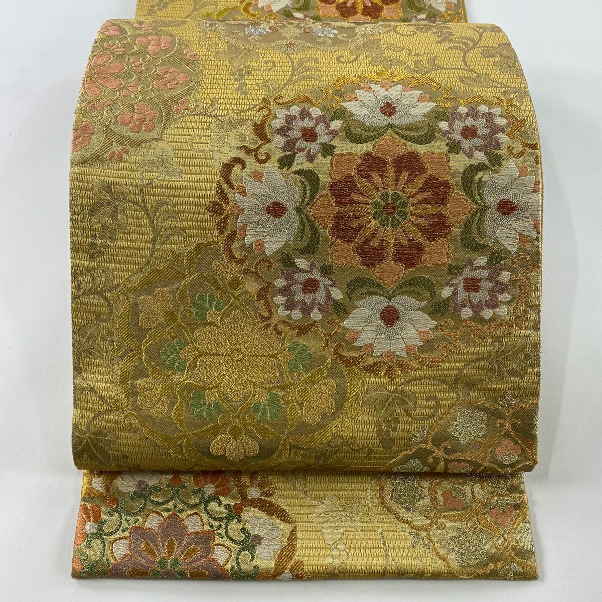 【庫存清倉】 袋帶 美品 名品級 綾金 平成吉祥紋樣 華紋 花唐草紋 金絲 金金箔 金 六通 純蠶絲