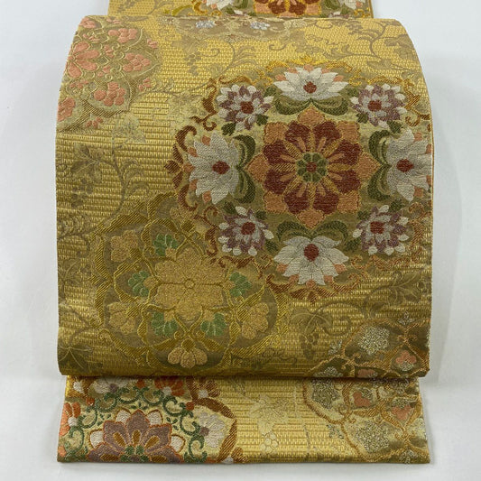 【庫存清倉】 袋帶 美品 名品級 綾金 平成吉祥紋樣 華紋 花唐草紋 金絲 金金箔 金 六通 純蠶絲