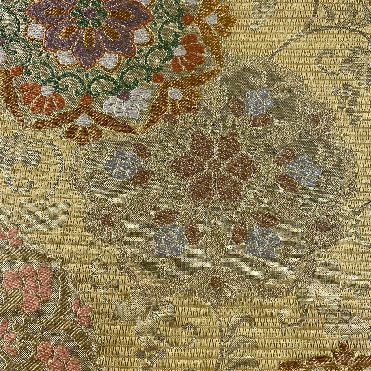 【庫存清倉】 袋帶 美品 名品級 綾金 平成吉祥紋樣 華紋 花唐草紋 金絲 金金箔 金 六通 純蠶絲