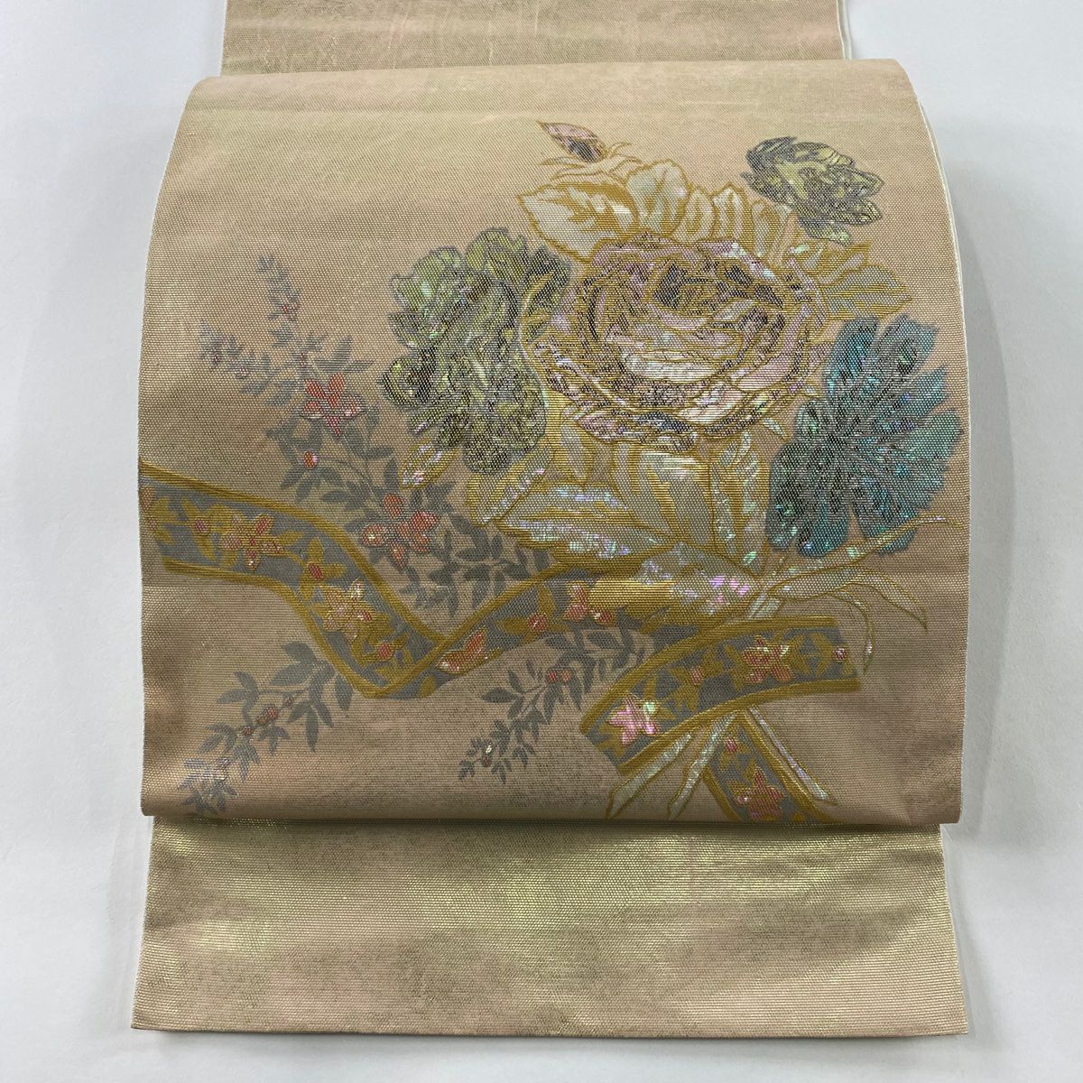 【庫存清倉】 袋帶 名品級 川島織物 附落款 草花紋紋 熨斗紋 金金箔 金銀彩 金色 大鼓圖案 純蠶絲