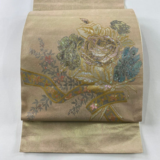 【庫存清倉】 袋帶 名品級 川島織物 附落款 草花紋紋 熨斗紋 金金箔 金銀彩 金色 大鼓圖案 純蠶絲