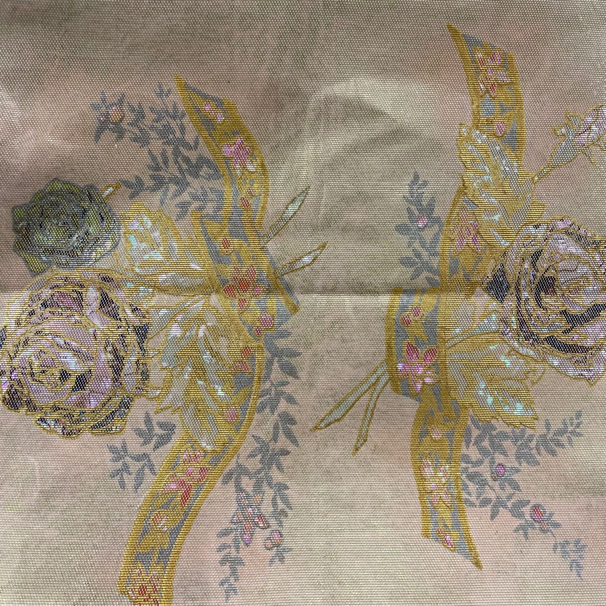 【庫存清倉】 袋帶 名品級 川島織物 附落款 草花紋紋 熨斗紋 金金箔 金銀彩 金色 大鼓圖案 純蠶絲