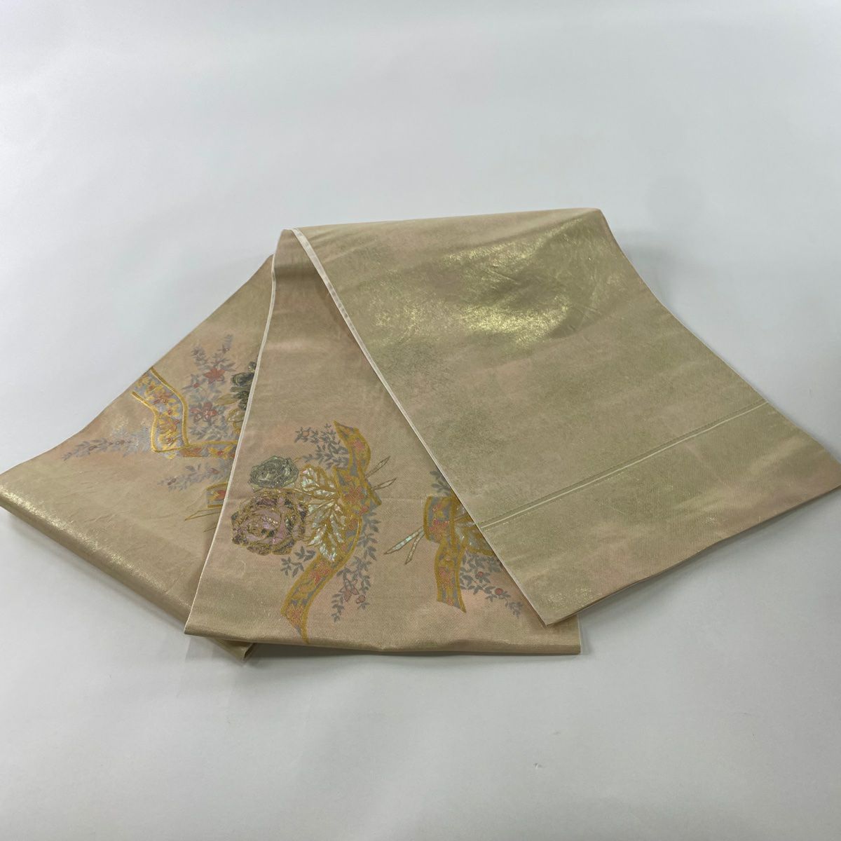 【庫存清倉】 袋帶 名品級 川島織物 附落款 草花紋紋 熨斗紋 金金箔 金銀彩 金色 大鼓圖案 純蠶絲