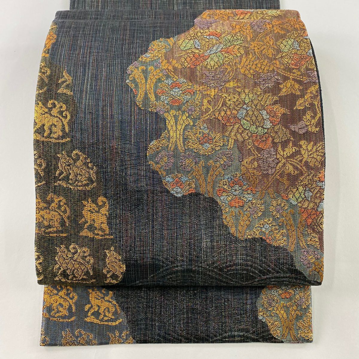 【庫存清倉】 【美品】 袋帶 名品級 じゅらく 落款 草花紋 波 金金箔 金絲 墨色 大鼓圖案 純蠶絲