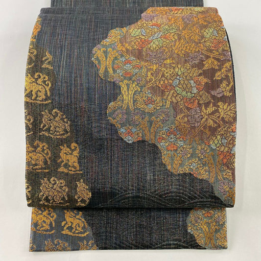 【庫存清倉】 【美品】 袋帶 名品級 じゅらく 落款 草花紋 波 金金箔 金絲 墨色 大鼓圖案 純蠶絲
